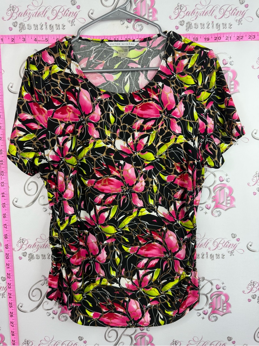 Peter Nygard Black Floral Top with Pink and Lime Green Accents